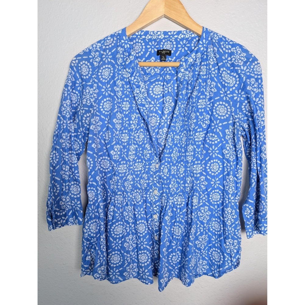 Talbots Button-Up Tunic Womens S Blue Floral 3/4 Sleeve V-Neck Relaxed‎ Fit